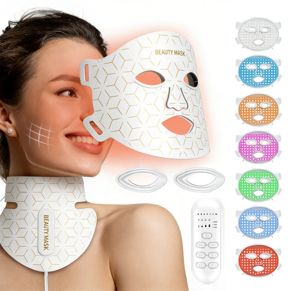 LED Face Mask ¨C 7-in-1 Red Light Therapy for Face & Neck, 93+80 LED Beads, Separate Silicone Applicator, 1800mAh Rechargeable, Adjustable Color Brightness & Timer, Anti-Aging Skin Care Gift for Women