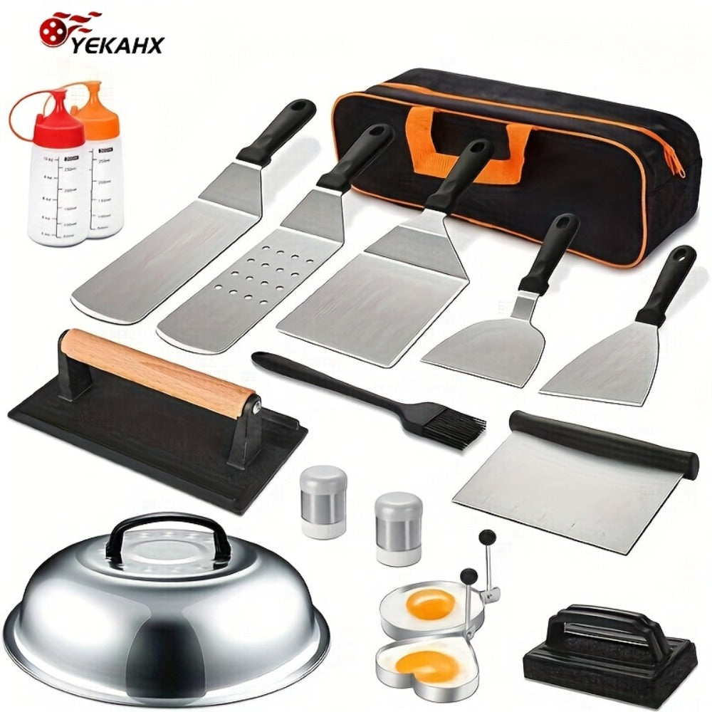 BBQ Grill Tool Set 8/17pcs ¨C Teppanyaki Meat Press & Barbecue Accessories for Outdoor Camping, Kitchen & Parties