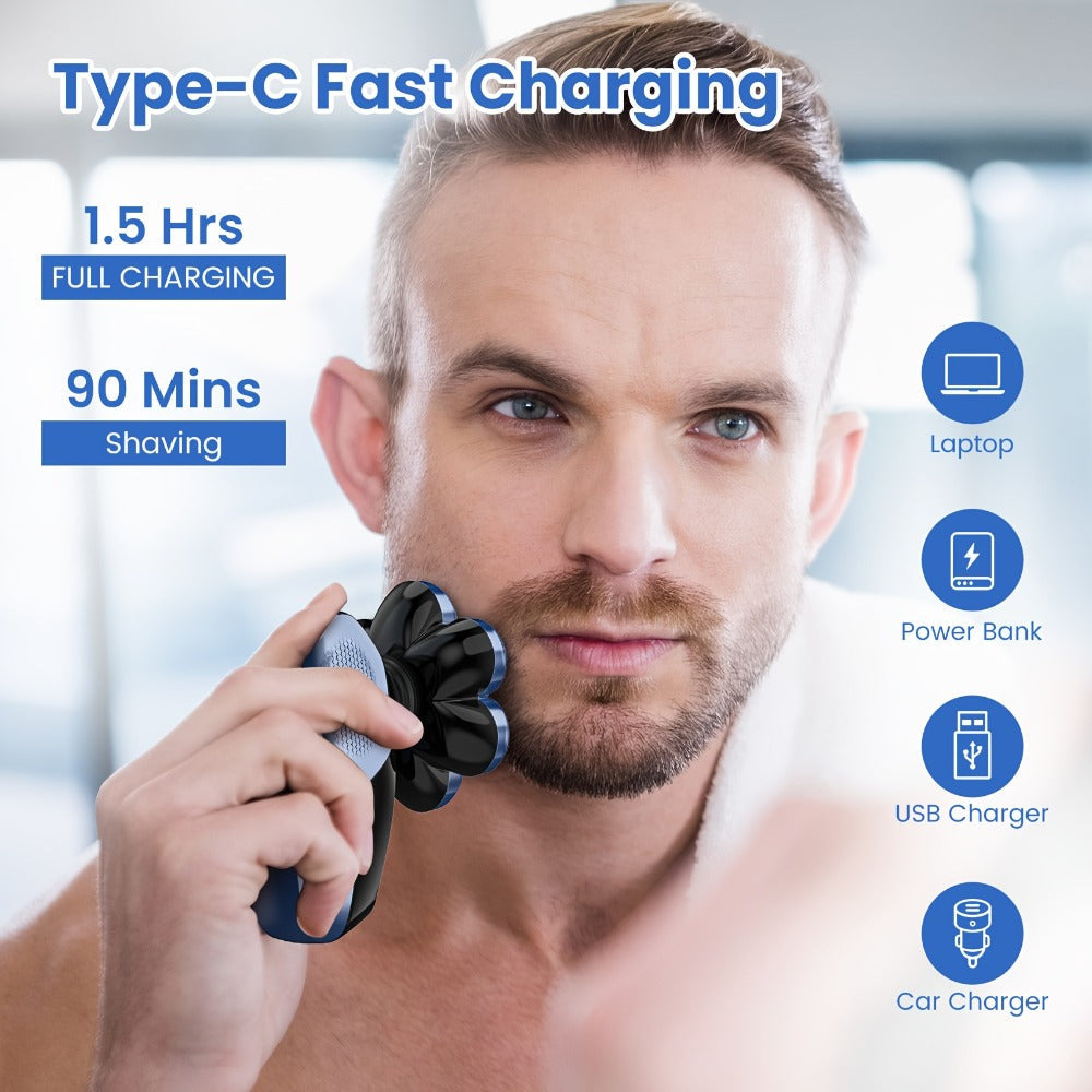 Skull Shaver for Bald Men 5-in-1 Rechargeable Rotary Electric Razor - 7D Floating Heads, 3-Speed LED Display Grooming Kit, Close Shave Head Shaver for Men