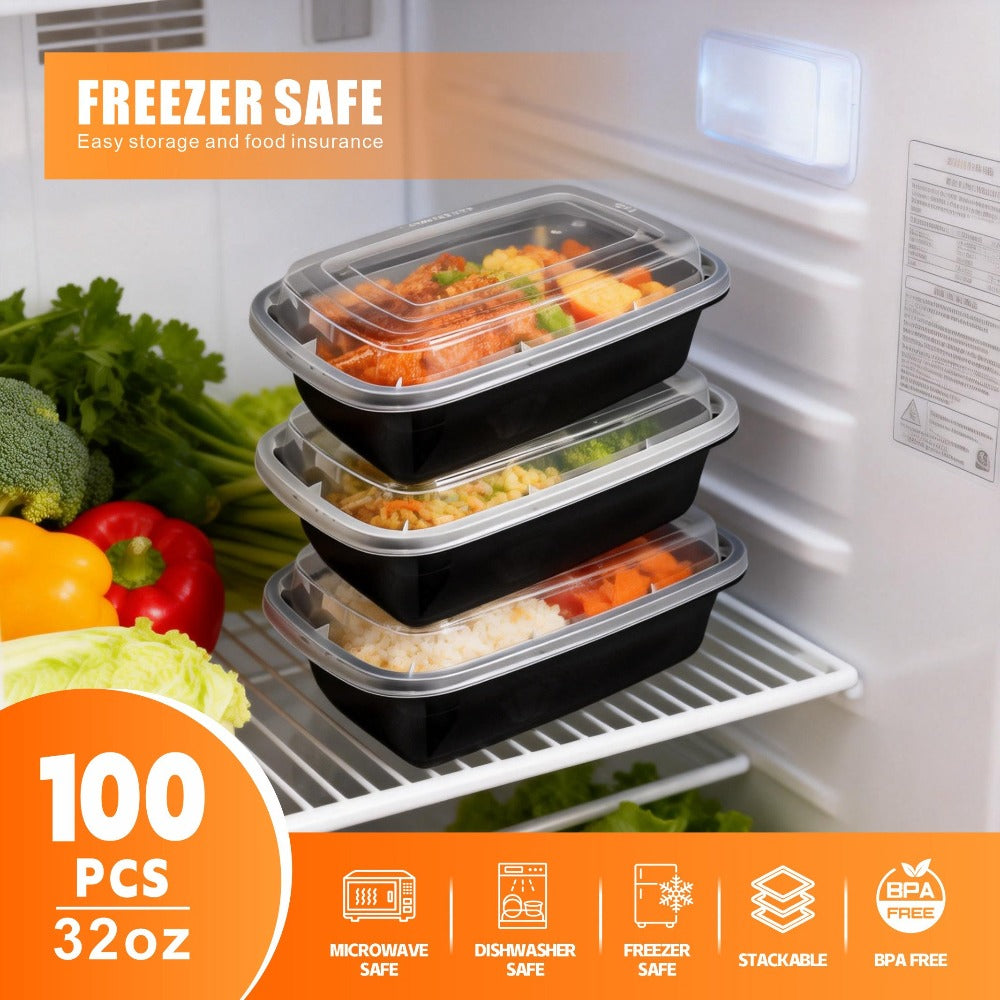 Meal Prep Containers 32oz 100 Pack ¨C Black Stackable Leakproof Food Storage Set (50 Containers + 50 Lids), BPA-Free, Microwave & Dishwasher Safe, for Food Truck, Catering, Office Lunch & Takeout
