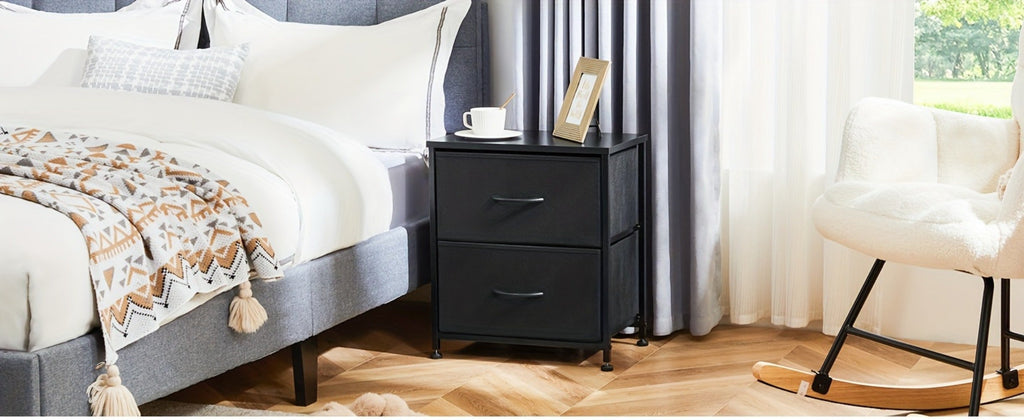 Nightstand with 2 Storage Drawers, 20¡± Bedside Table with Wooden Top & Fabric Cabinet, Steel Frame Mini Dresser for Bedroom, Dorm, Living Room ¨C 1pc or Set of 2pcs, Black White Grey Rustic Brown