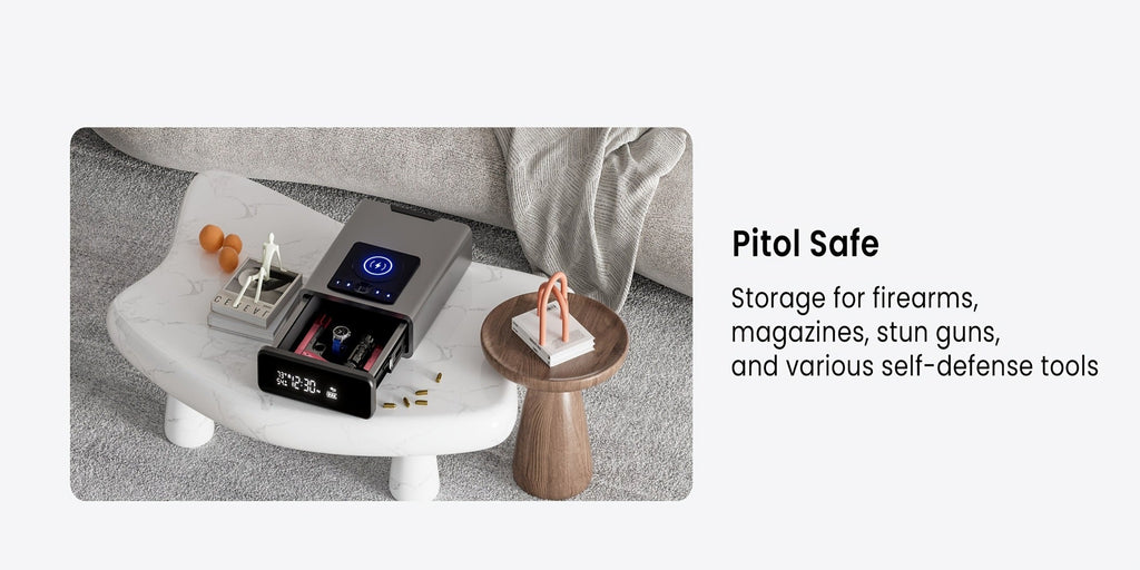 Biometric Gun Safe with Fingerprint Lock LED Clock and Wireless Charging DOJ Pistol Safe Backlit Keypad LED Light 2-in-1 Watch Mobile Charging Jewelry Storage Bedside Nightstand Safe Grey Black