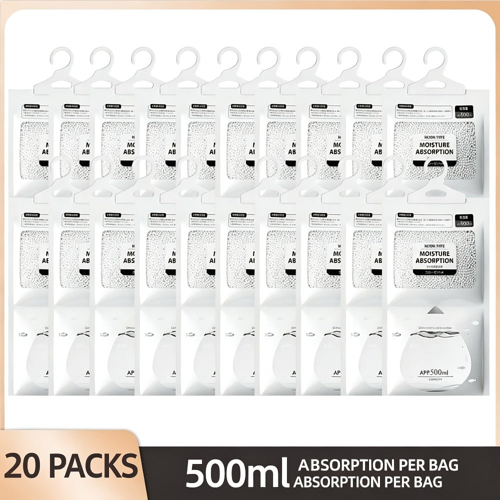 Moisture Absorber Bags 20 Pack Hanging Dehumidifier Bags 90-Day Power-Free Reusable Damp Absorber with Hooks for Wardrobe Bedroom Bathroom Closet