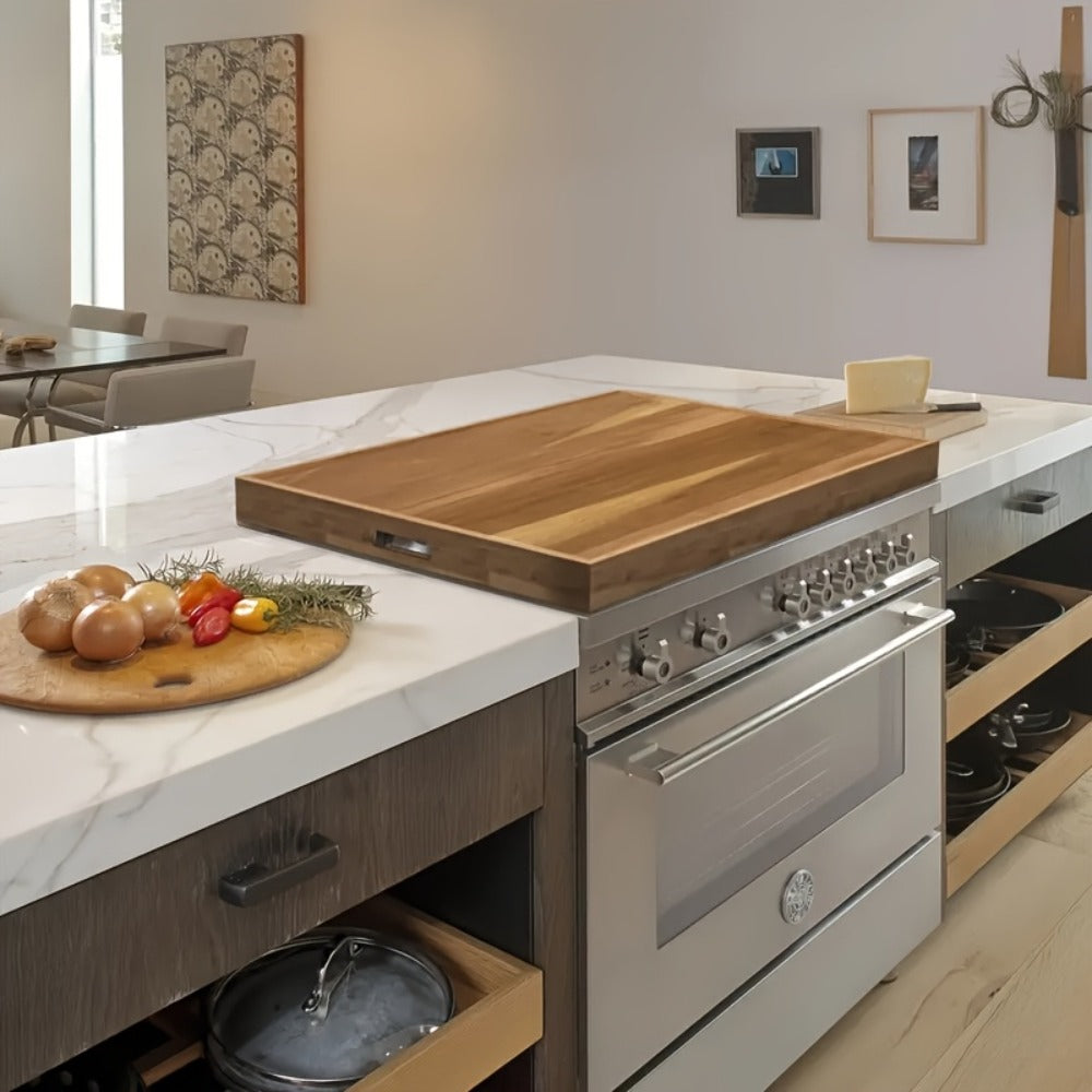 Acacia Wood Stove Top Cover Board 30x22 Inch, Gas Stove Cover with Handle Groove & Ventilation Holes, Extra Counter Space Cutting Board Serving Tray for Kitchen RV Camper, Multifunctional Charcuterie Board