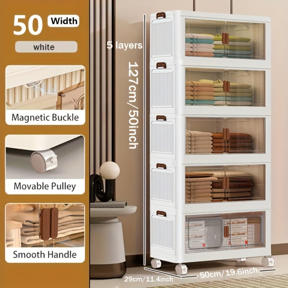 Stackable Storage Cabinet with Doors and Wheels | Collapsible Plastic Locker 1-5 Layers Large Capacity Home Organization for Bedroom Living Room Kitchen Easy Assembly Space Saving