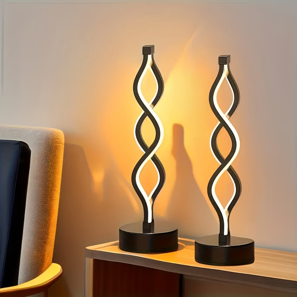 Spiral LED Table Lamp ¨C Modern Minimalist Wave Dimmable Desk Lamp, 3 Color Temperatures, USB Charging, Metallic Base, Creative Curved Night Light for Bedroom Living Room Office Study (1pc / 2pc / Wooden)