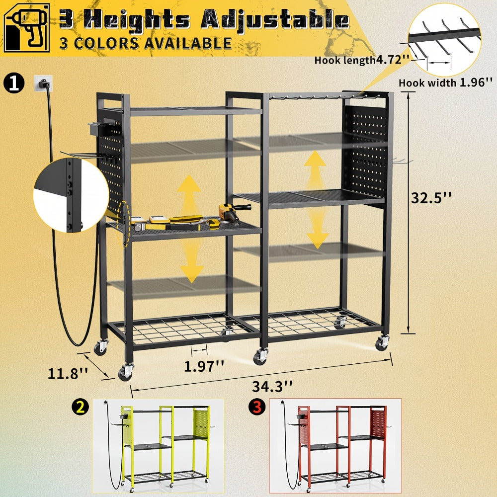 Mobile Tool Cart with Charging Station ¨C 12 Drill Holders & 5 Storage Shelves Power Tool Organizer | Rolling Utility Rack Toolbox with Battery Charging Power Strip for Garage & Workshop | 4 Colors