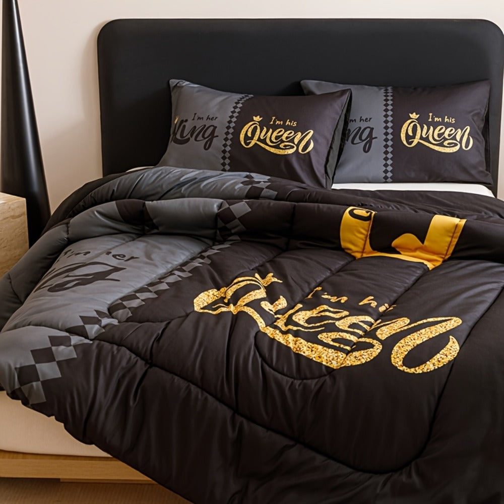 Comforter Set 3-Piece ¨C Soft Breathable Quilt with 2 Pillowcases, Black Grey Color Block Crown Letter Print, Twin Full Queen King, 180GSM Bedroom Bedding Set