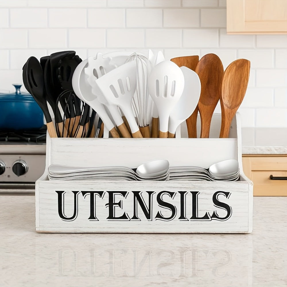 Kitchen Utensil Organizer Extra Large 4 Compartments Wooden Countertop Crock Farmhouse Rustic Cooking Utensil Holder for Kitchen in White and Black