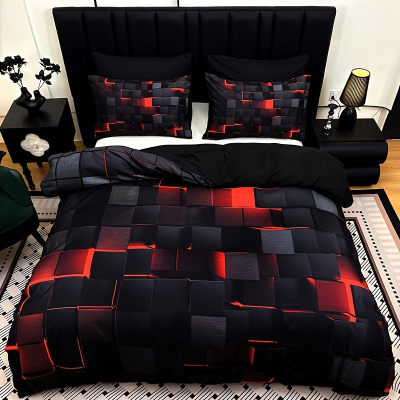 Duvet Cover Set 3 Piece Plaid Digital Print Polyester Bedding All Season Twin Full Queen King Size with Pillowcases Purple Blue Red