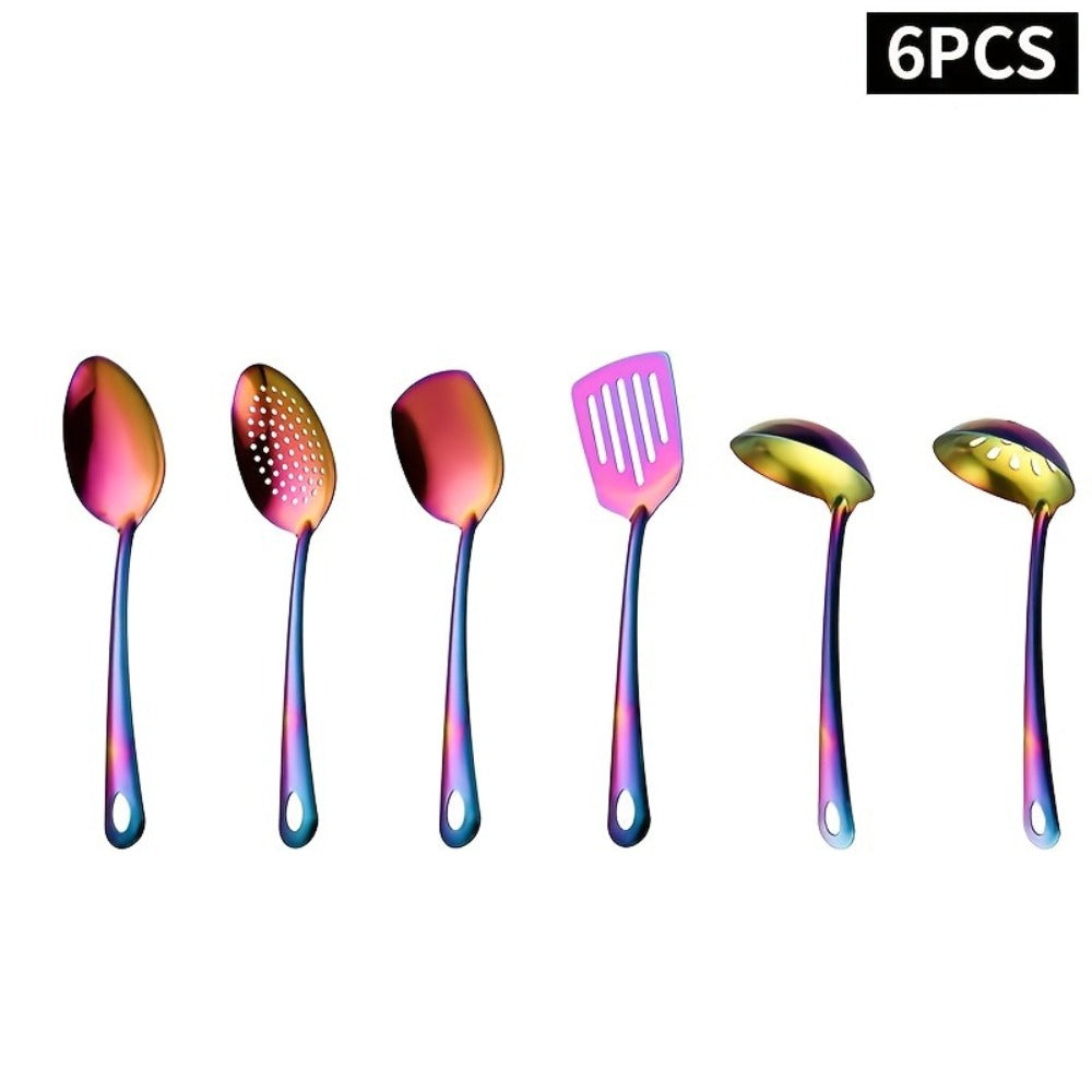 6 Piece Korean Style Stainless Steel Kitchen Utensil Set Cooking Spoons Spatula Ladle Strainer Hot Pot Clips for Cooking Buffet Restaurant