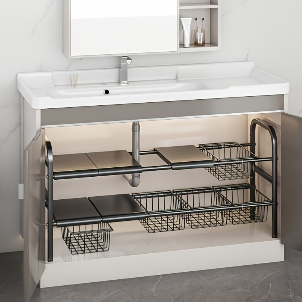 Expandable Under Sink Organizer 2-Tier Cabinet Shelf with 5 Removable Panels & 5 Baskets, Adjustable Under Sink Storage Rack for Kitchen Bathroom Cabinet Organization