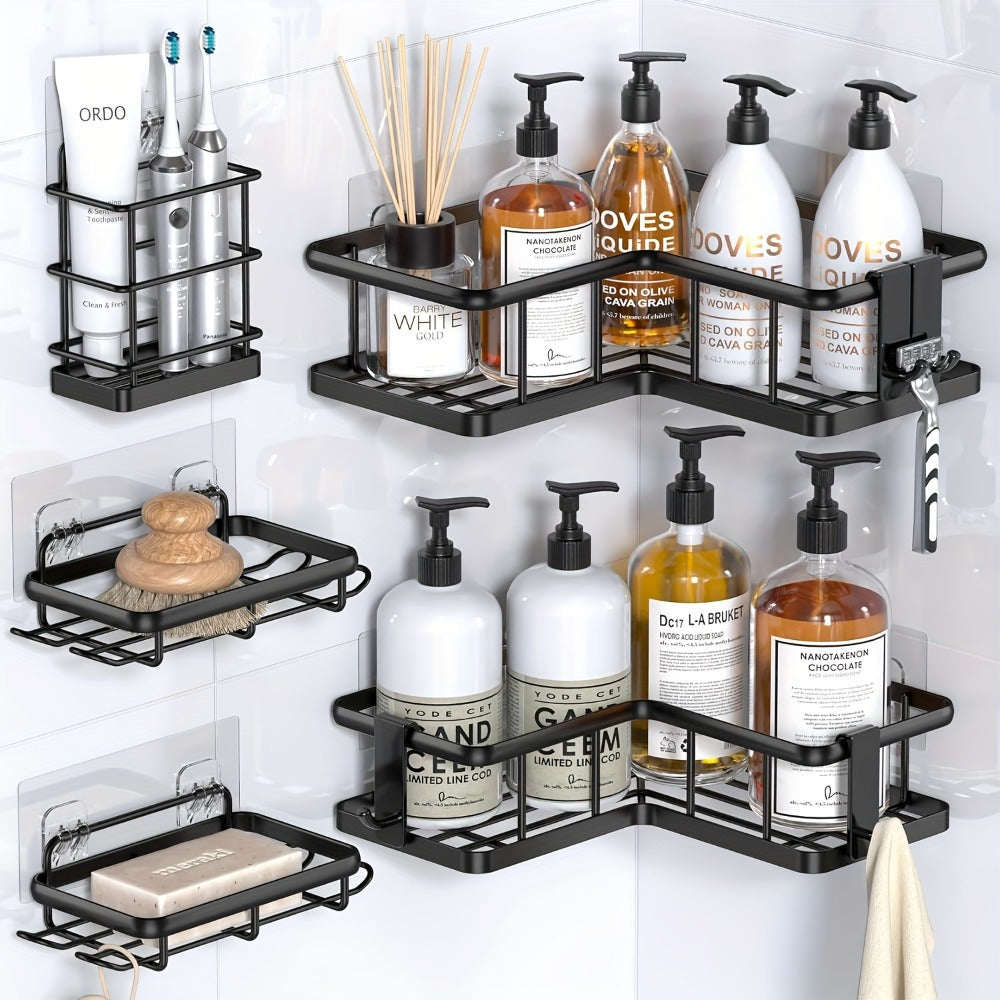 Corner Shower Caddy 5 Pack with Soap Holder & 4 Removable Hooks ¨C Rustproof No Drill Shower Shelf Organizer for Inside Shower