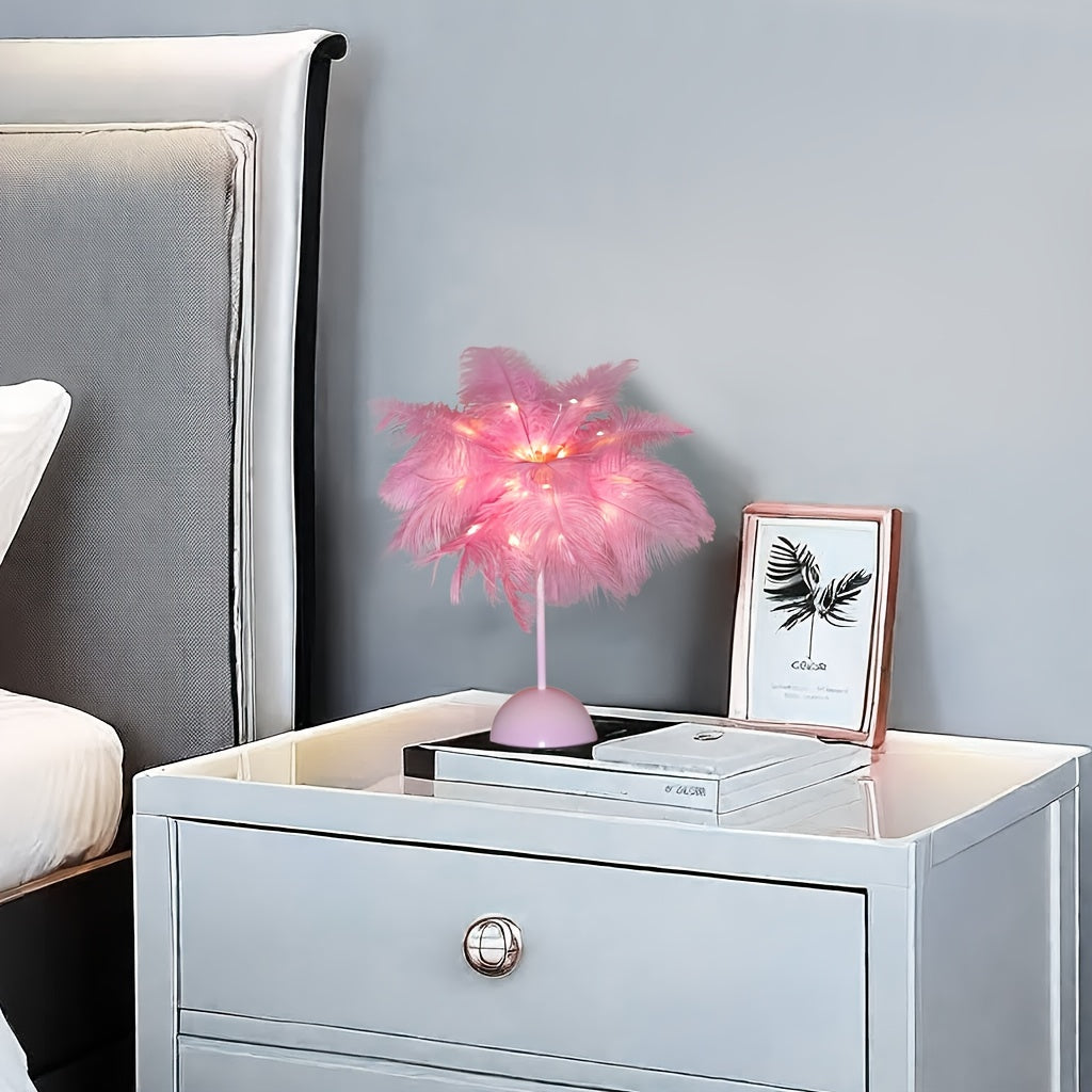 Feather LED Table Lamp ¨C 40-Head Copper Wire Night Light, Romantic Atmosphere Lamp for Bedroom Living Room, Cute Desk Decor Light for Birthday Valentine's Day Gift (White / Pink, 1pc / 2pcs)