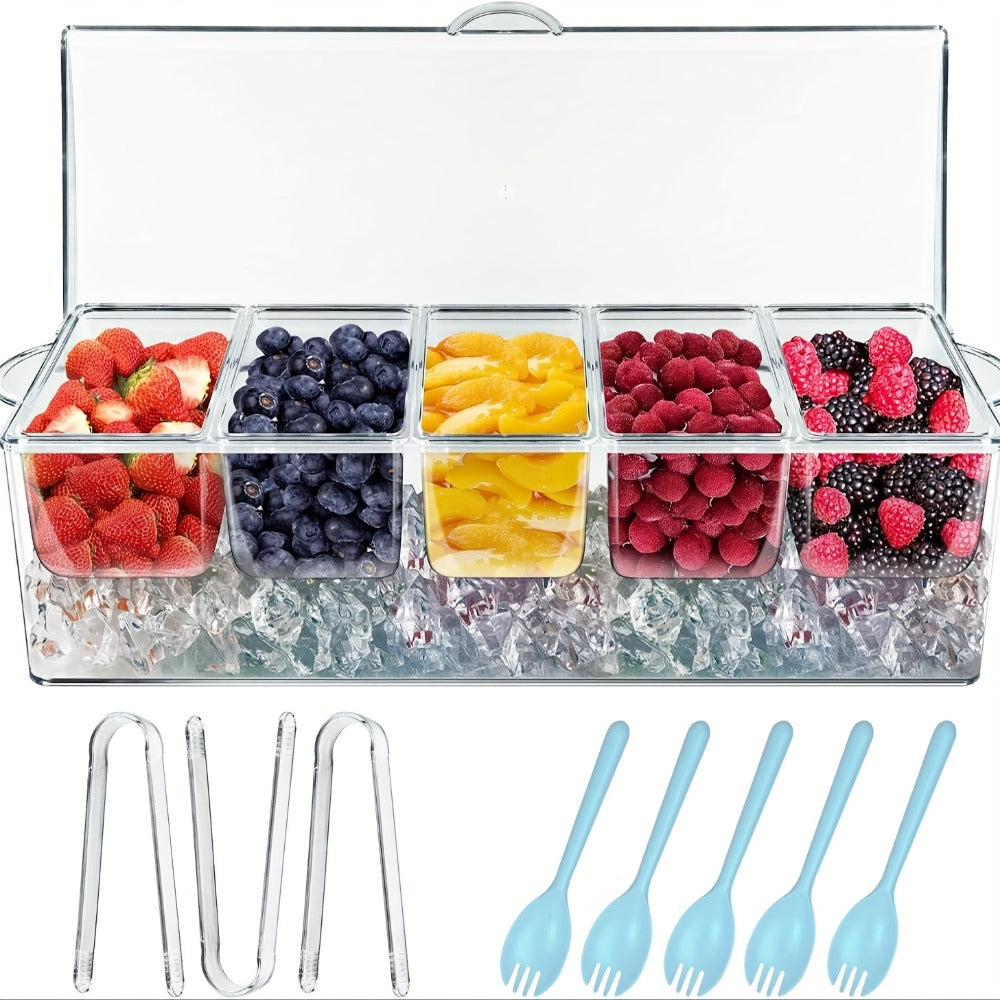 Condiment Caddy with Lid 5 Compartments Clear Serving Tray Bar Fruit Caddy Ice Tray Party Toppings Container Garnish Station