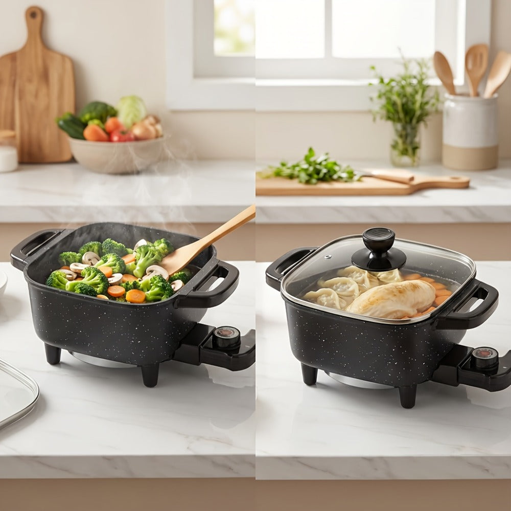 Electric Mini Square Hot Pot 8-Inch Non-Stick Speckled Coating Glass Lid Cool-Touch Handle Multi-Speed Temperature Control Compact Electric Skillet for Cooking Boiling Stewing Small Kitchen Apartment