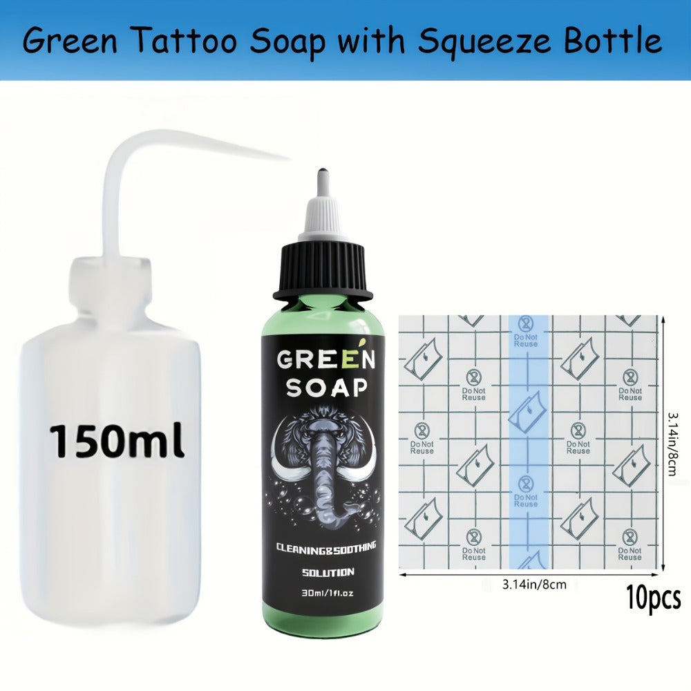 Tattoo Green Soap Cleansing Solution Kit - Professional Tattoo Wash Soap with Squeeze Bottle, Safe Moisturizing Foam for Tattoo Artists Skin Care & Color Preservation
