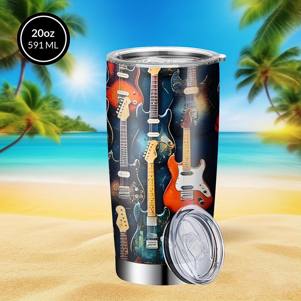 Insulated Tumbler 20oz Guitar Pattern Stainless Steel Travel Mug with Lid and Straw Double Wall Vacuum Coffee Cup Water Bottle for Hot Cold Drinks Gift for Music Lover Birthday Graduation Valentine White