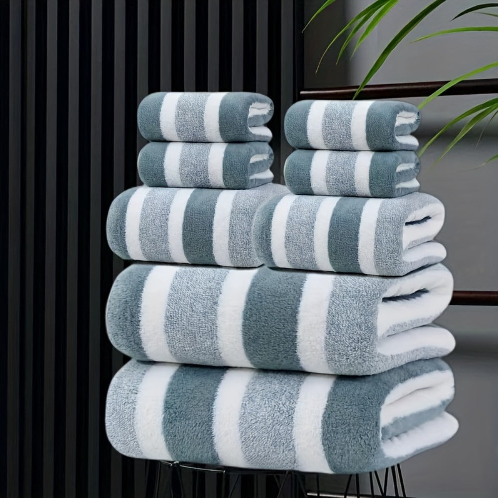Hotel Towel Set 8 Piece No Hair Loss 280GSM - Five Star Standard Two-Color Striped Super Soft High Absorbency | 2 Bath Towels 2 Face Towels 4 Hand Towels | Grey Red Green | Home Bathroom Spa Gift