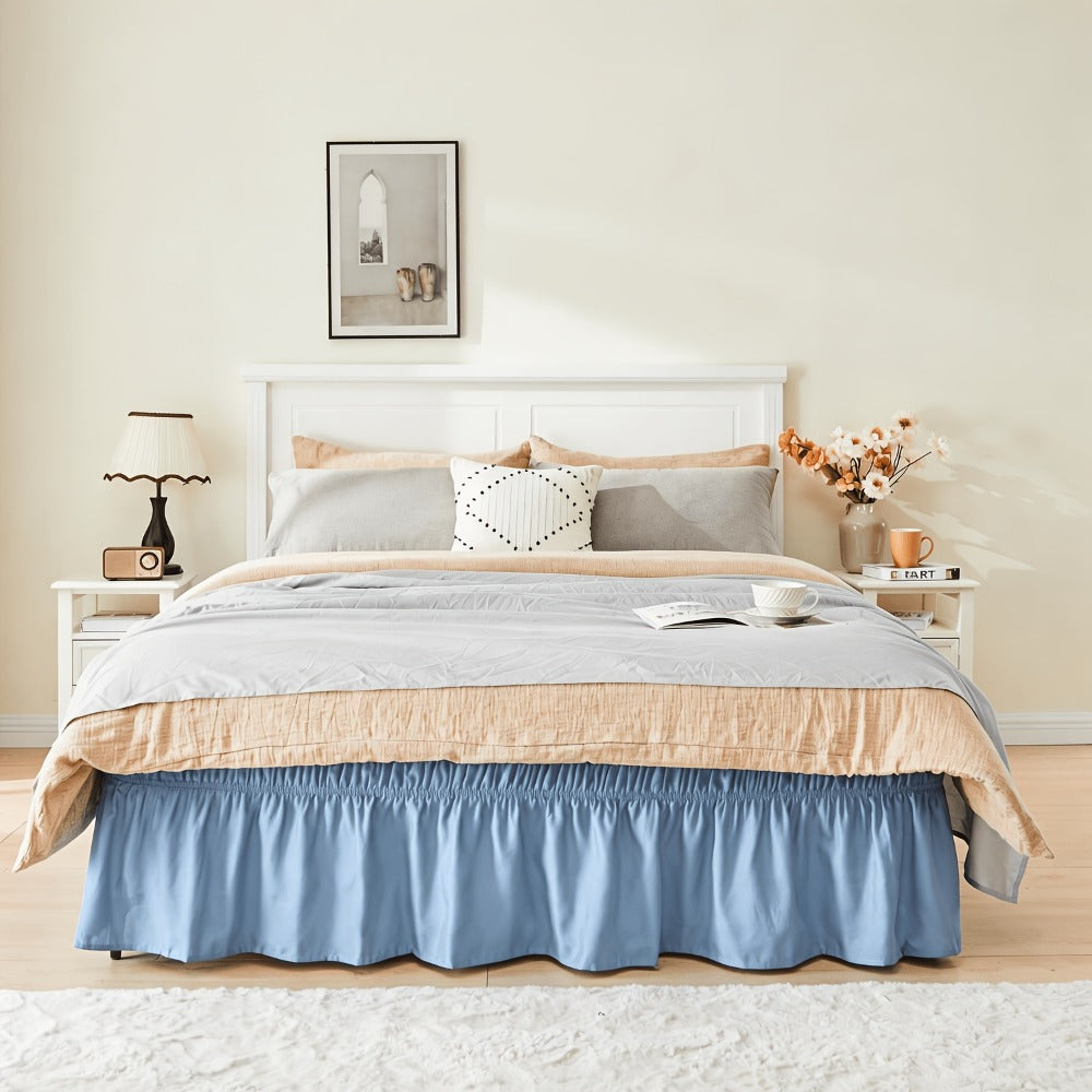 Bed Skirt Elastic Wrap Around Ruffle - 15 Inch Drop Microfiber Dust Ruffle, Adjustable No-Lift Fit, Fade Resistant Machine Washable, Hotel Quality Bedskirt for Twin Full Queen King, 30 Colors