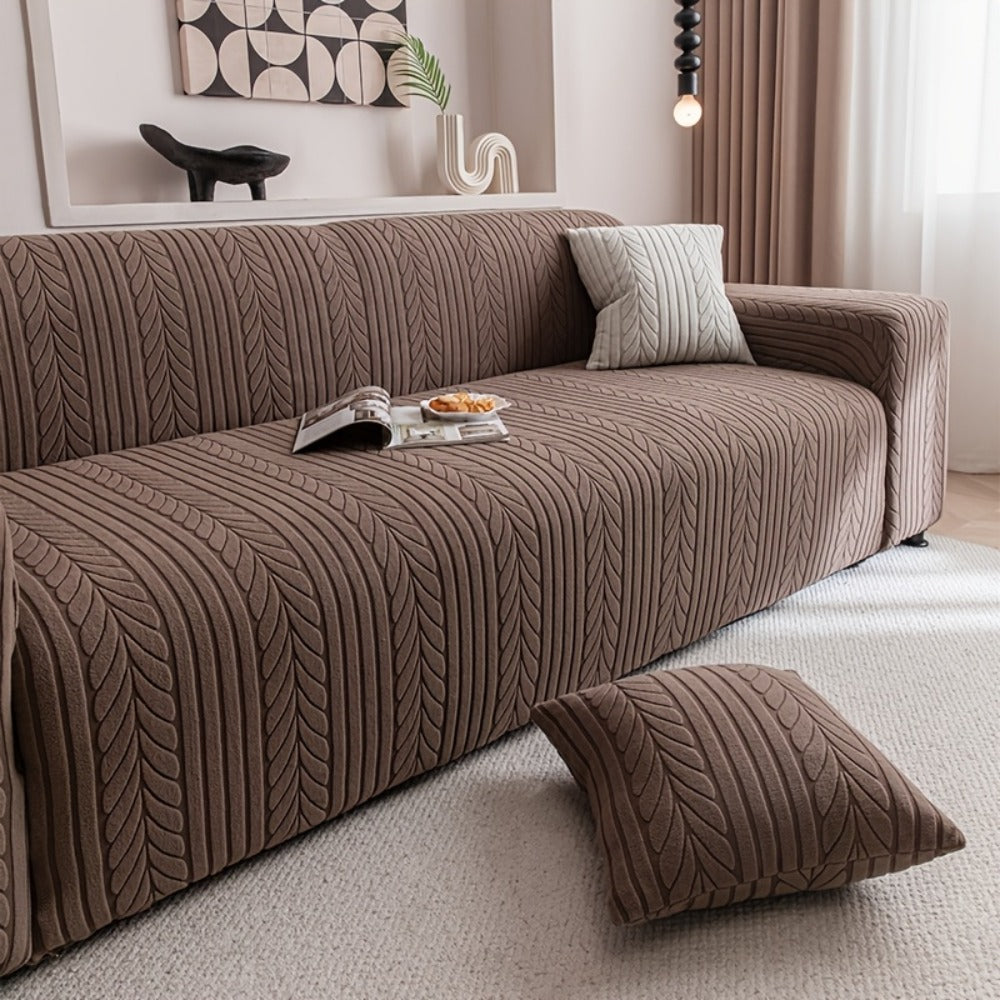 Couch Cover Full Coverage Elastic Velvet Jacquard Sofa Slipcover with Pillowcase - Non-Slip Thick Soft Pet Friendly Machine Washable Fits 1 2 3 4 Seater Living Room Bedroom