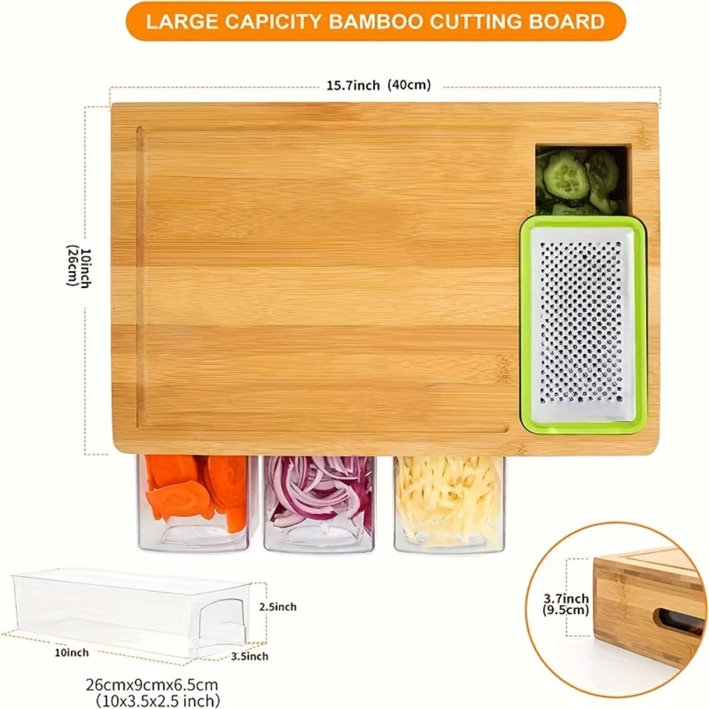 Bamboo Cutting Board with Food Container, Cheese Grater & Juice Groove - Large Wooden Chopping Board Set with Storage Box, Drain Tank for Vegetables Meat Cheese, Kitchen Prep Board with Hand Grip