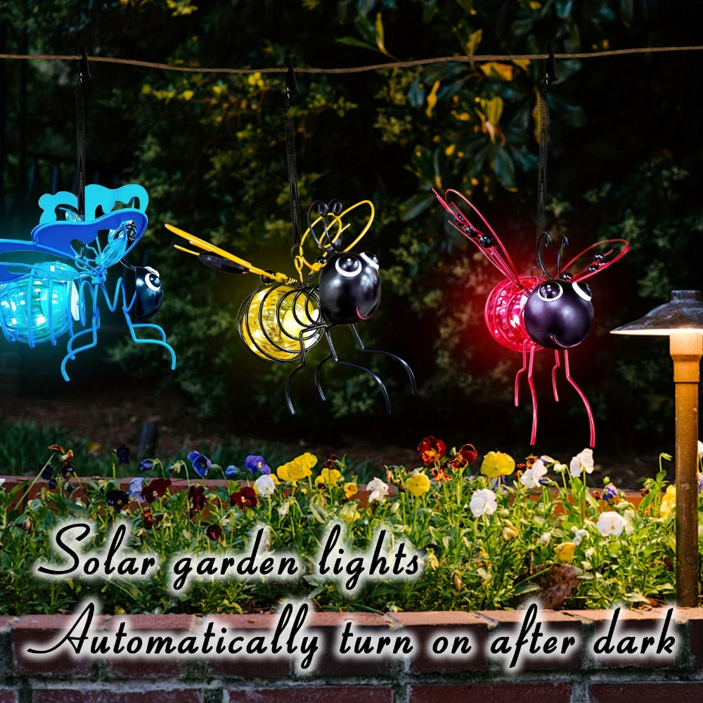 Solar Hanging Bee & Ladybug Lights Set of 3, Metal Decorative Solar Garden Lights ¡ª Outdoor Hanging Decor for Balcony, Garden, Living Room & Flower Shop | Red, Yellow & Blue