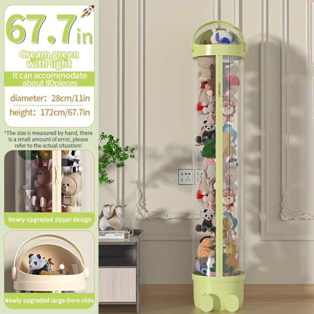 Stuffed Animal Storage Bin Transparent Cylindrical with Zipper ¨C Large Plush Toy Organizer for Kids Bedroom Living Room ¨C Clear Doll Storage Bag Easy Assembly