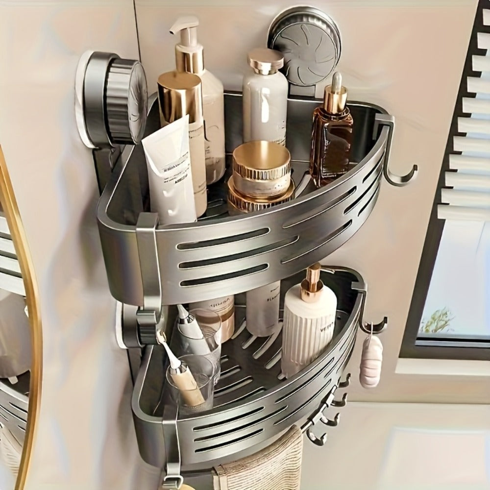 Shower Corner Shelf Suction Cup 4 Pack No Drilling Triangular Bathroom Caddy with Hooks Strong Hold for Shower Wall Tile Toilet Storage Organizer Space Saving Gray