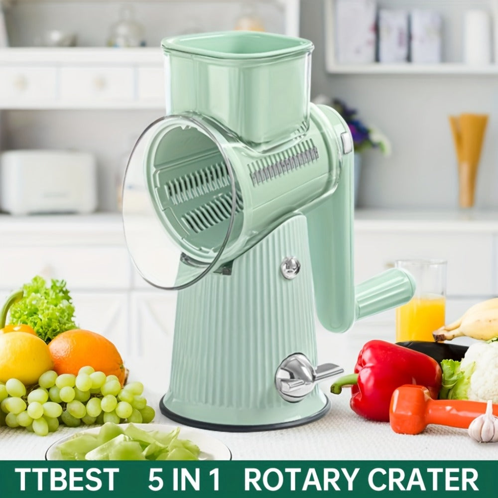 Rotary Cheese Grater with Interchangeable Blades ¨C 5-in-1 Manual Vegetable Slicer Shredder Set, Suction Cup Base, Easy to Clean, Multifunctional Kitchen Tool for Fruits, Vegetables & Nuts