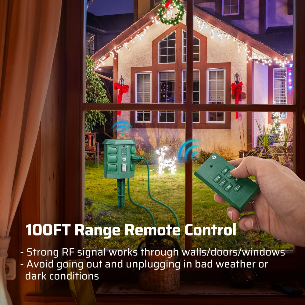 Outdoor Power Stake Timer 6 Outlet Weatherproof ¨C 100FT Wireless Remote Control, Dusk to Dawn Photocell Sensor, 7 Timer Modes, 6FT Cord, Overload Protection for Garden Yard Christmas Holiday Lights