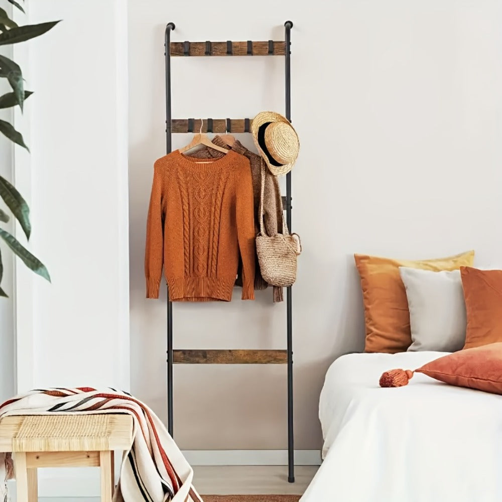 Blanket Ladder 5 Tier Farmhouse Wood with 10 Removable Hooks Wall Leaning Towel Rack Quilt Holder for Living Room Bathroom Bedroom Decor