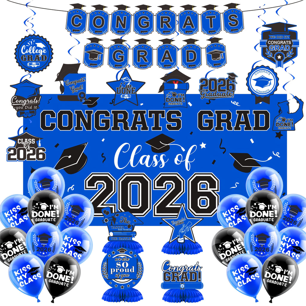 2026 Graduation Decorations Set ¨C Congrats Grad Banner, Backdrop, Hanging Swirls & Honeycomb Table Toppers, Class of 2026 Party Supplies Kit