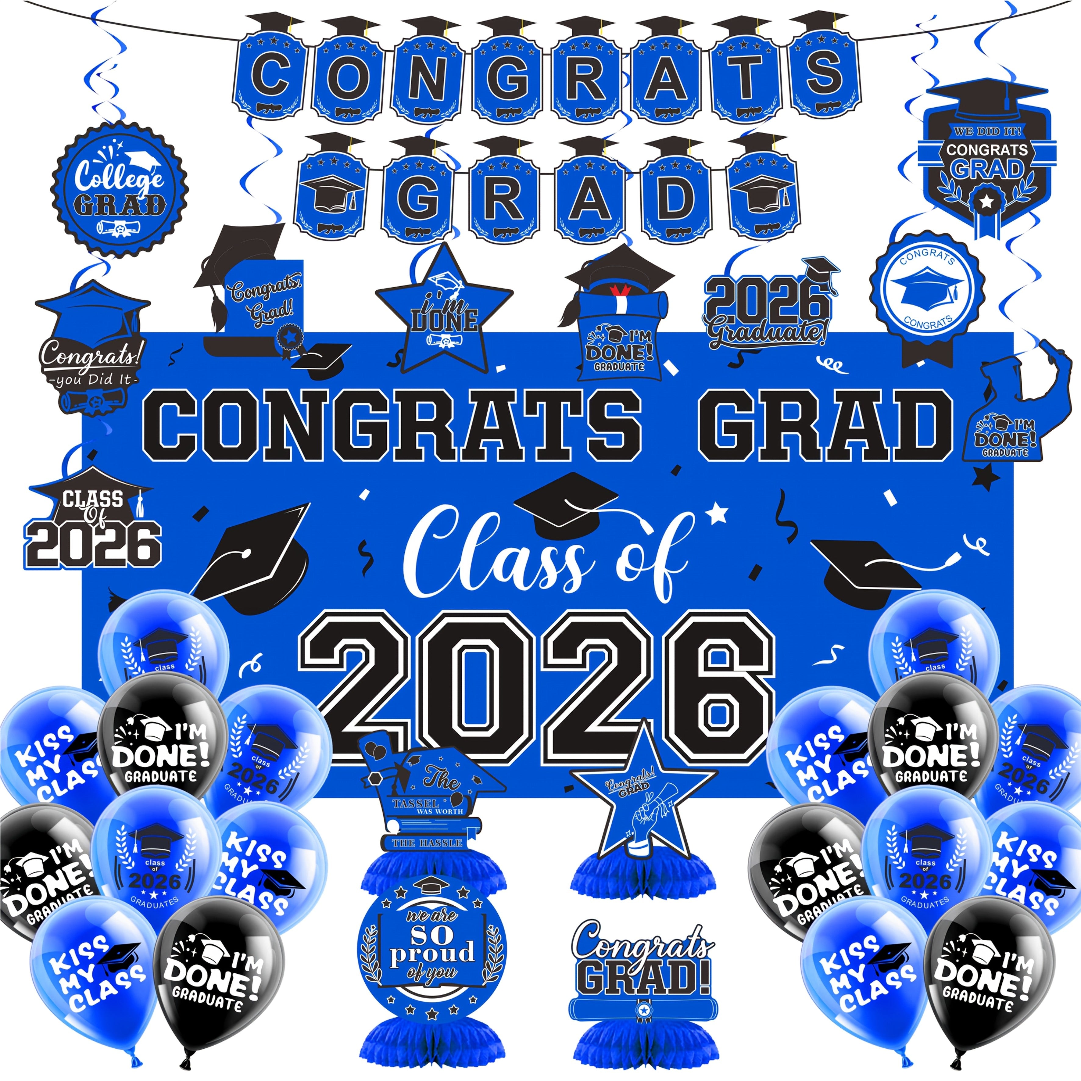 2026 Graduation Decorations Set ¨C Congrats Grad Banner, Backdrop, Hanging Swirls & Honeycomb Table Toppers, Class of 2026 Party Supplies Kit