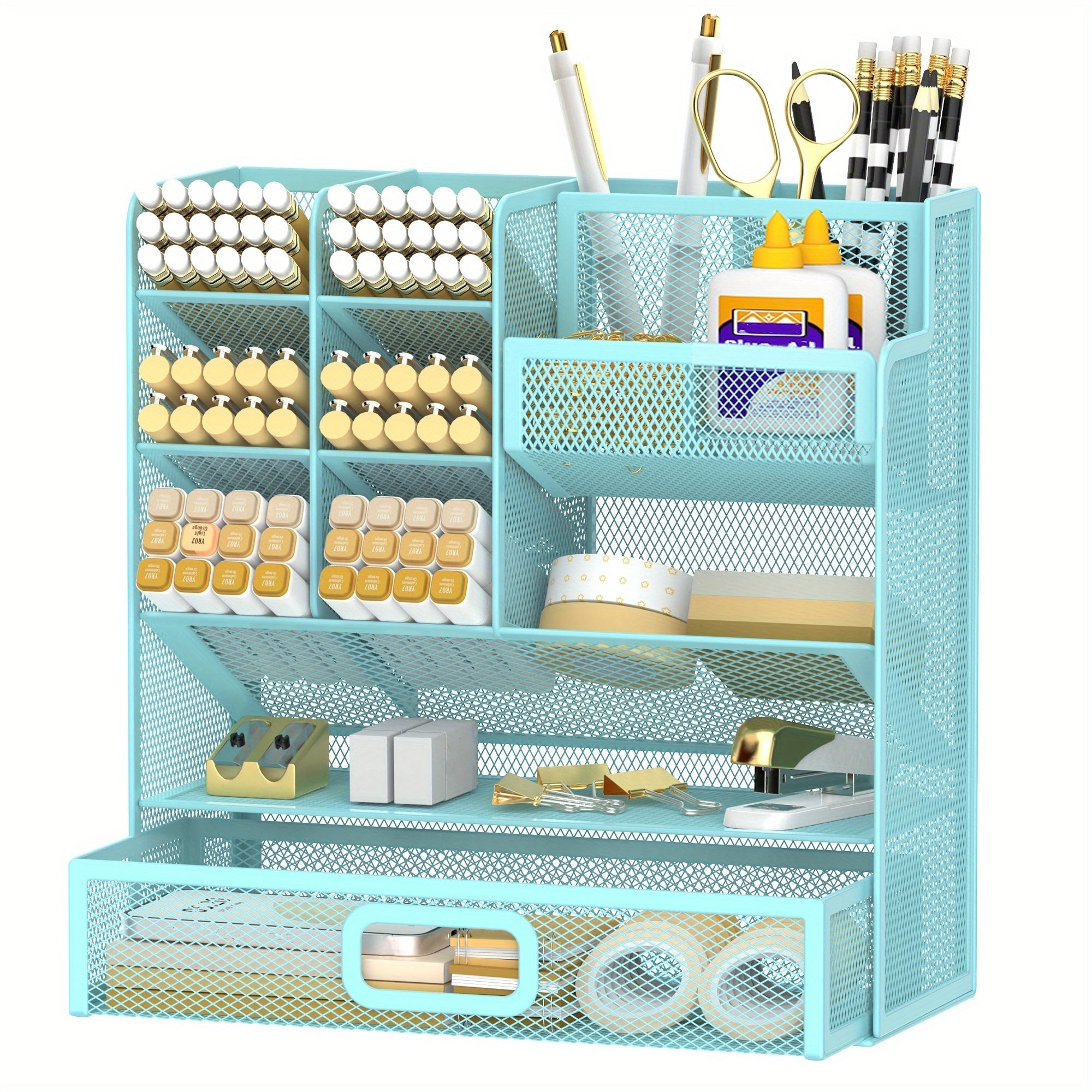 Mesh Desk Organizer with Drawer ¨C Multifunctional Desktop Pen Holder & Office Supply Organizer for Home Office, School & Art Studio ¨C Pencil Cup Caddy with Storage Compartments, Multiple Colors Available