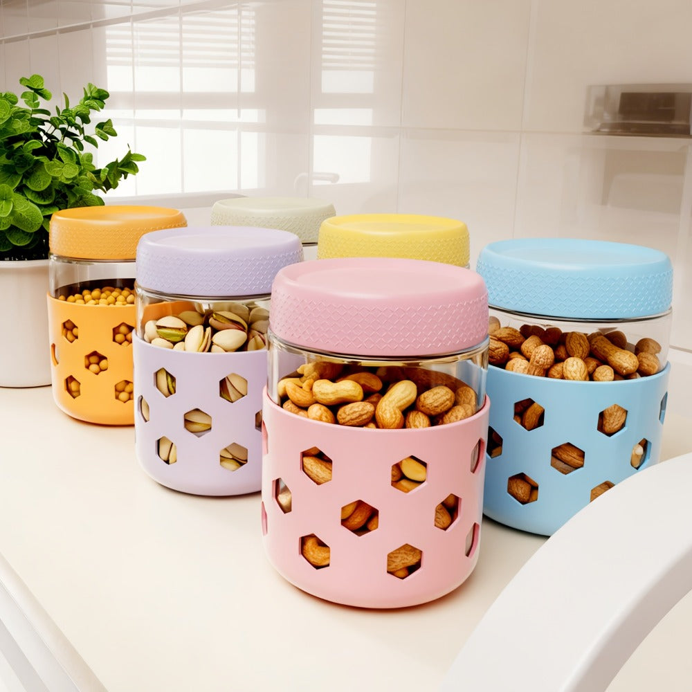 Glass Airtight Jars 6 Pack 16oz - Moisture Proof Food Storage Containers with Screw Top Lids and Silicone Sleeves for Tea Grains Nuts Snacks and Yogurt, Clear Round Glass Canisters for Kitchen Pantry Counter Organization