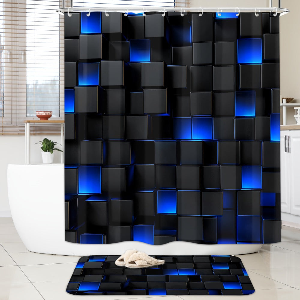 Shower Curtain Set with 12 Hooks & Toilet Seat Cover, 4-Piece Bathroom Set Dark Blue Geometric Abstract Cube Pattern, Modern Waterproof Bath Curtain Set for Bathroom Decor