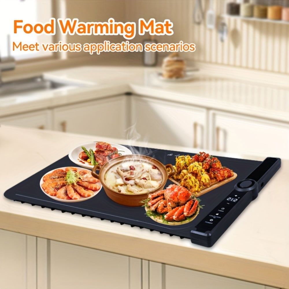Electric Food Warming Pad Silicone 3 Temperature Levels 6-Hour Timer Foldable Full Surface Rapid Heating Tray for Buffet Party Kitchen Countertop Grayish Blue