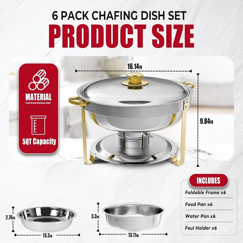 Chafing Dish Buffet Set Stainless Steel Food Warmer 6QT Round Chafer for Catering Events Parties Weddings Banquets, Silver & Gold, 1/2/4/6 Pack Options