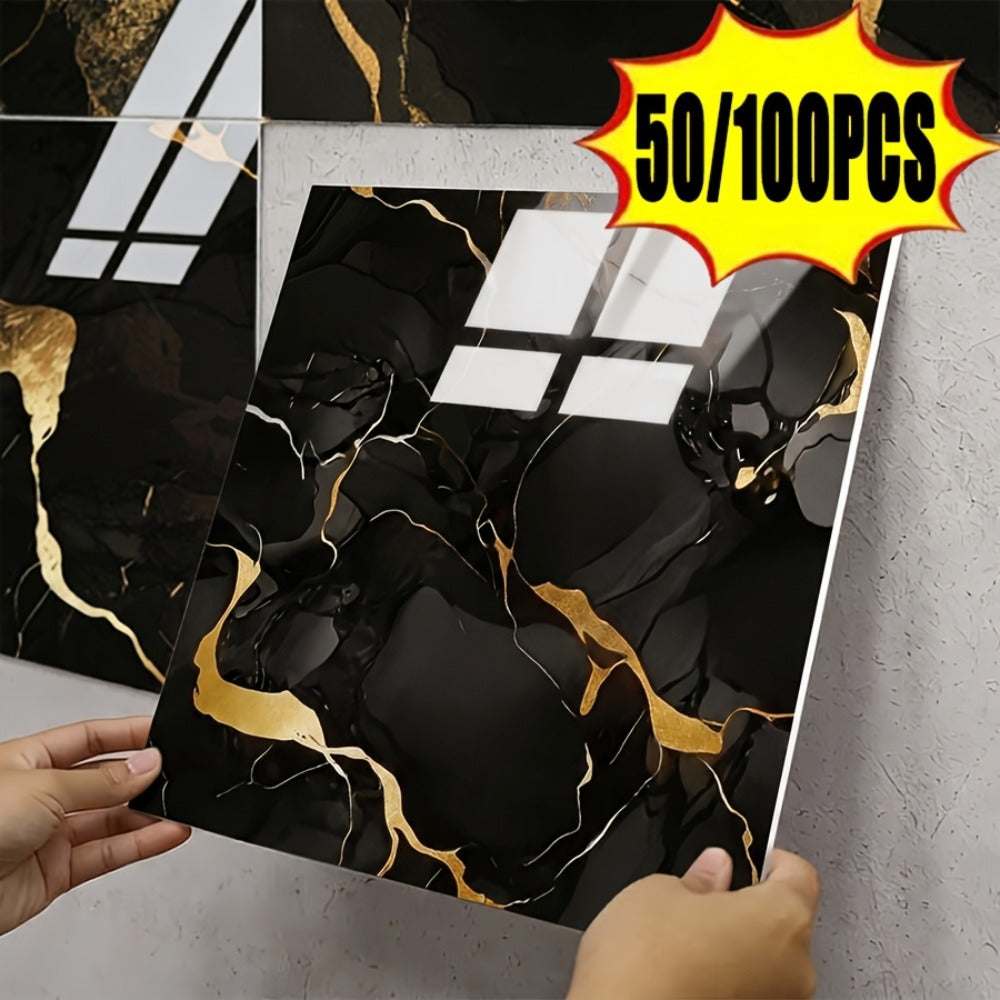 Self-Adhesive Marble Tile Stickers 11.8x11.8in Peel and Stick Wall Tiles for Bathroom Kitchen Backsplash ¨C Waterproof 3D Glossy Imitation Marble Wall Panel, Easy to Install, 50 or 100 Pack