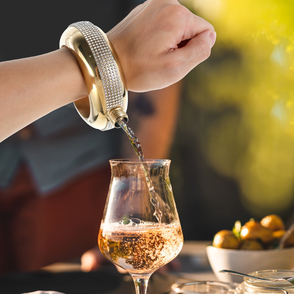 Bracelet Flask for Women, 3.5oz Stainless Steel Bangle Hidden Flask with Rhinestone Lid ¡ª Wearable Portable Liquor Flask for Parties, Concerts & Festivals | Purple, Gold, Silver