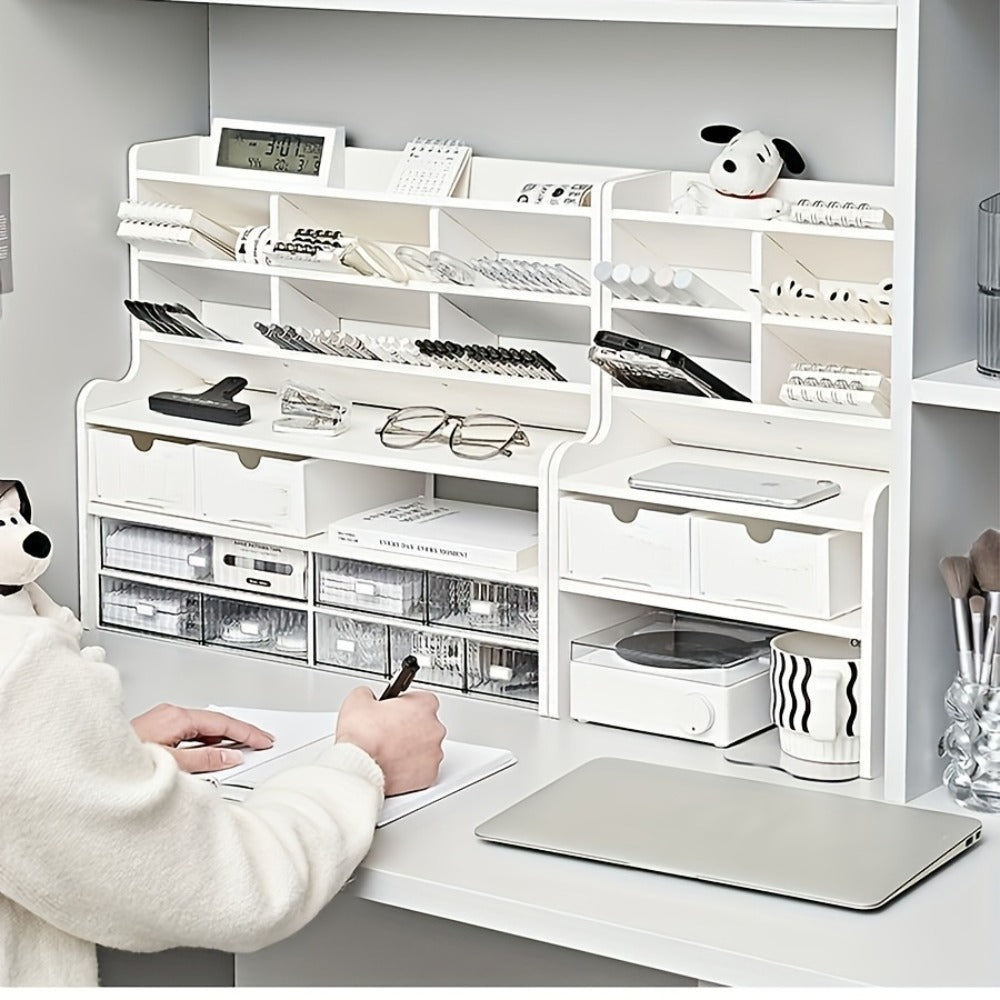 6-Layer Desktop Storage Rack Desk Organizer with File Holder Pen Holder Space-Saving Office Organizer Matte White PVC Stationery Cosmetics Dormitory Bookshelf Partition Box Multiple Sizes