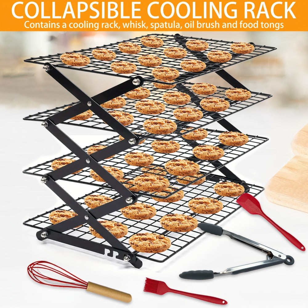 Foldable Cooling Rack Set ¨C Stackable Oven Cookie Cake Drying Rack with Free Baking Tools (Silicone Spatula, Egg Beater, Tongs, Brush) | 3/4/5 Tier Options for Kitchen, Camping & Holiday Baking