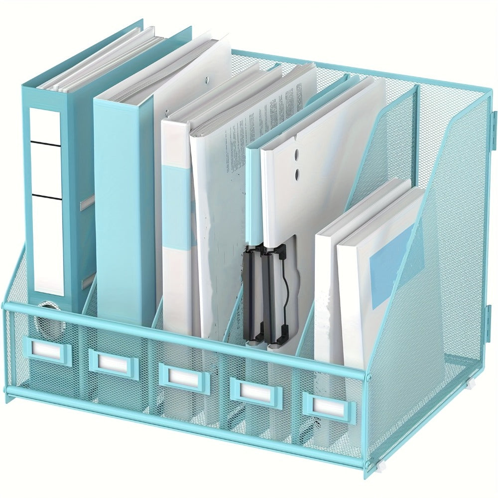Metal Desk File Organizer 5 Vertical Compartments Magazine Holder Desktop File Rack for Office Home Workspace Document Sorter Letter Tray Paper Storage