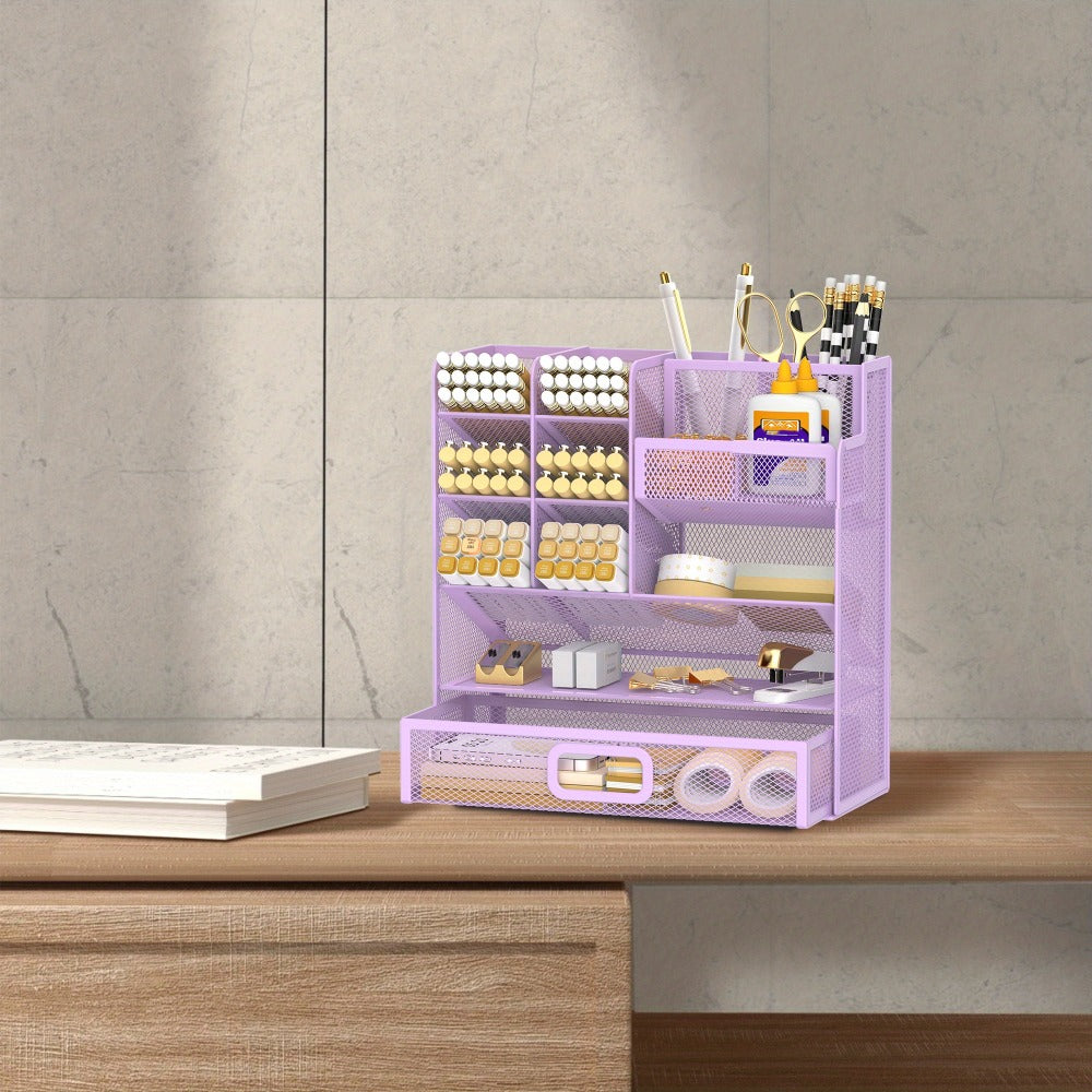 Mesh Desk Organizer with Drawer ¨C Multifunctional Desktop Pen Holder & Office Supply Organizer for Home Office, School & Art Studio ¨C Pencil Cup Caddy with Storage Compartments, Multiple Colors Available