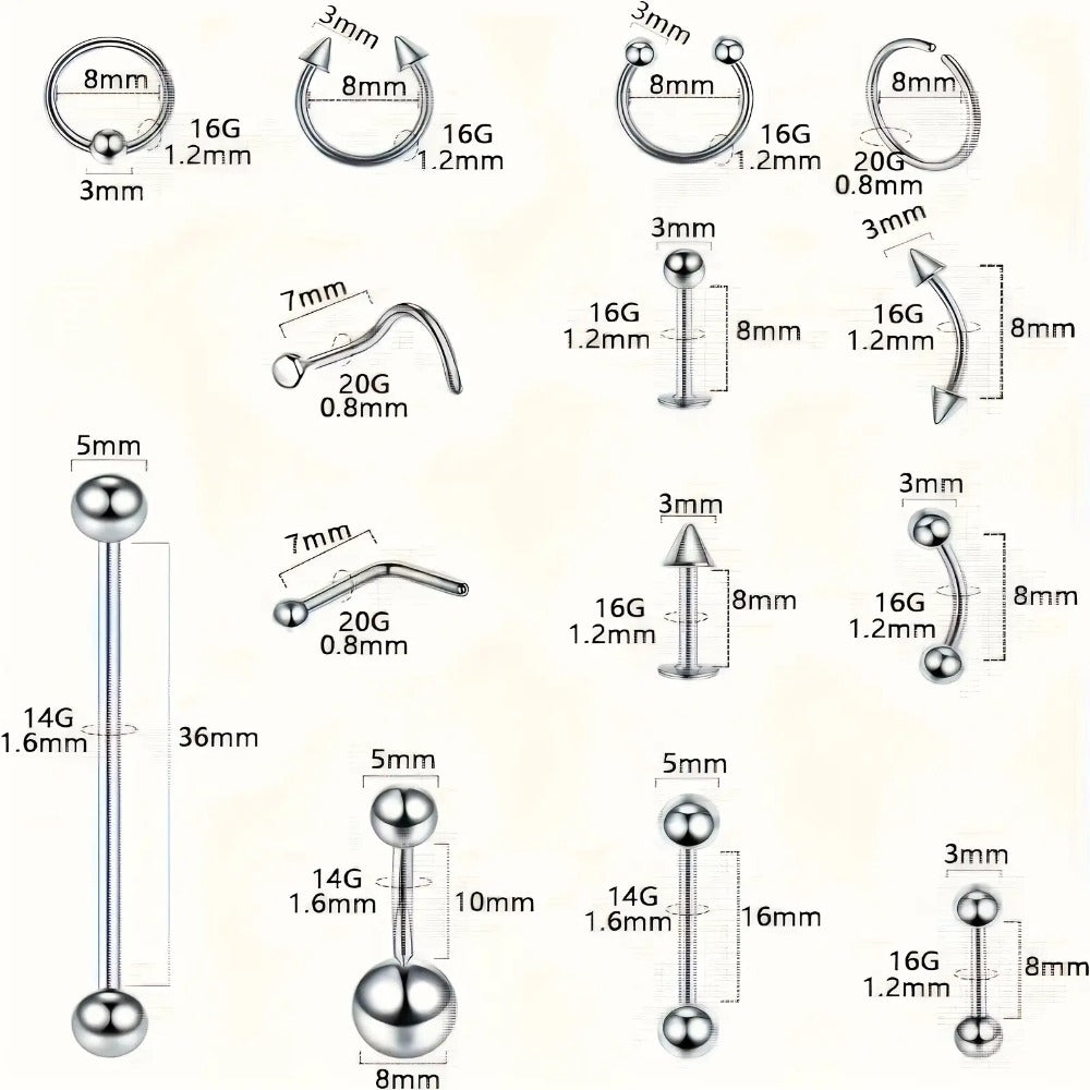Piercing Kit Stainless Steel Random Set ¨C Nose Bone Ear Tragus Lip Belly Button Eyebrow Piercing Needle Tools with Stainless Steel Jewelry, Trendy Body Piercing Accessories for Men and Women