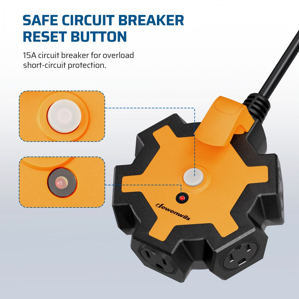 Industrial Power Strip 5-Outlet 15ft Heavy Duty Extension Cord 14/3 AWG SJTW Circuit Breaker Swivel Safety Covers for Garage Workshop Workbench