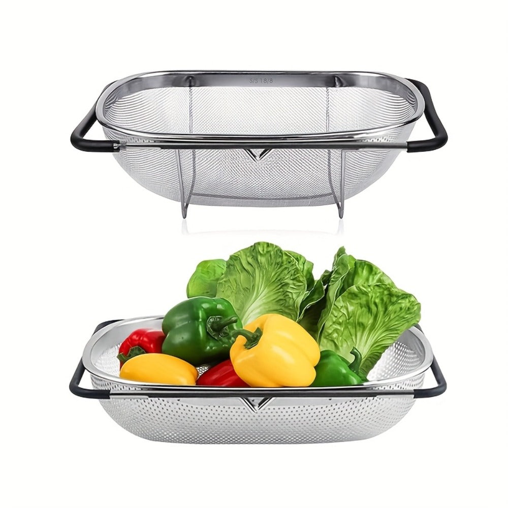 Stainless Steel Colander Expandable Fine Mesh Drain Basket Strainer for Vegetables Fruits Pasta Rice Kitchen Sink Washing Bowl Food Strainer