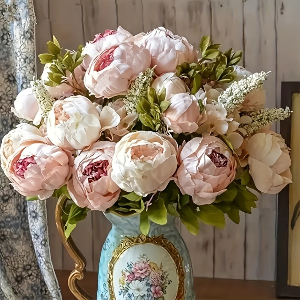 Faux Peonies Hydrangeas Artificial Flowers Vintage Silk Bouquet - Pink Green Mix Floral Centerpiece for Bridal Wedding Home Table Decor Rustic Farmhouse Arrangement