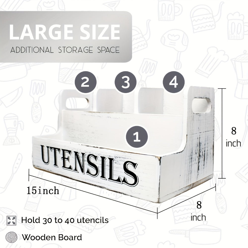 Kitchen Utensil Organizer Extra Large 4 Compartments Wooden Countertop Crock Farmhouse Rustic Cooking Utensil Holder for Kitchen in White and Black